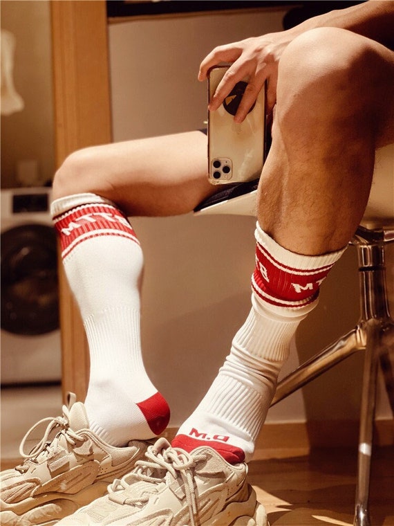 Men's Socks High Thick Colorful Sport Printed 39-44TU Foot, Sports Socks  Red/blue Bottom, BLACK TOP, White Sock 