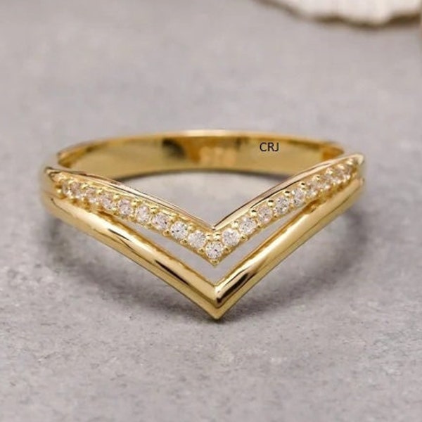 14k Solid Gold Royal Curve Ring | Curved Wedding Band Ring Women | V Shaped Ring Gold | Delicate Chevron Stacking Ring | Pave Cz Gold Band