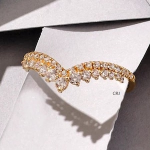 Vintage Chevron Moissanite Tiara Band 14K Yellow Solid Gold Vintage Curved Wedding Band V Shape Stacking Ring Princess Crown Wedding band