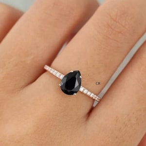 Vintage Pear cut Engagement Ring, Black Onyx Engagement Ring, Unique Rose gold Stacking, unique diamond Anniversary Ring, Gift for Girl&#39;s