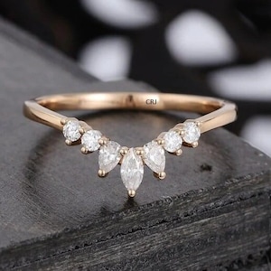 Vintage 14K Yellow Gold Curved Wedding Band: Marquise Diamond Stacking Ring