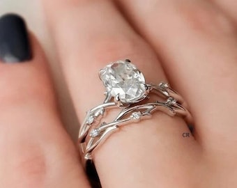 Oval Moissanite Twig Bridal Set: Sterling Silver Wedding Rings