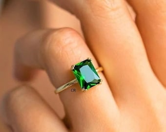 Anel de Esmeralda Natural: Corte Octogonal, Prata de Lei ou Ouro 14K
