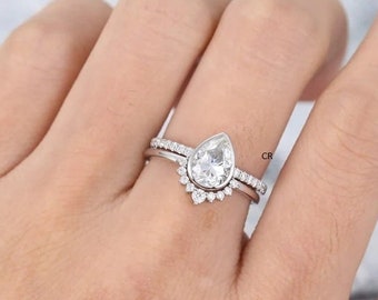 Pear Moissanite Sterling Silver Ring Set: Halo Bridal Wedding Rings