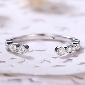 Open Moissanite Wedding Band | Moissanite Gap Ring White Gold | Unique Marquise Shape Round Diamond Ring | Stacking Matching Band | Bridal