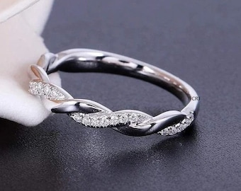 14K Gold Twisted Wedding Band: Criss Cross Micro Pave Ring
