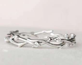 CZ Diamond Twig Ring: Sterling Silver Leaf Band, Rose Gold Accent