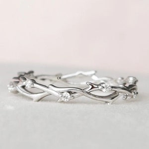 CZ Diamond Twig Ring: Sterling Silver Leaf Band, Rose Gold Accent
