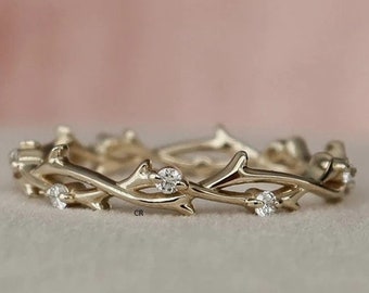 Yellow Gold Twig Wedding Band: Diamond Leaf Vine Ring