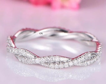 14K Gold CZ Twist Ring: Simulated Diamond Wedding Band