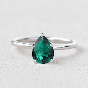 Pear Emerald Ring: Vintage Solitaire, 18K White Gold, May Birthstone