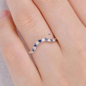 Curved sapphire wedding band, White gold wedding band, women Sapphire and Diamond ring, Diamond matching ring,Stacking Solid 14K White gold