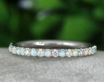 Rose Gold Opal Wedding Band: Thin Diamond & Moissanite Stacking Ring