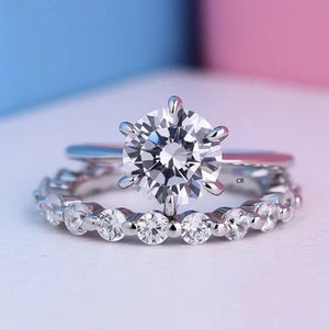 2.0 Carat Brilliant Round Cut Moissanitie Engagement Ring Set/14K White Solid Gold Solitaire 6 Prongs Classic Wedding Anniversary Ring Set