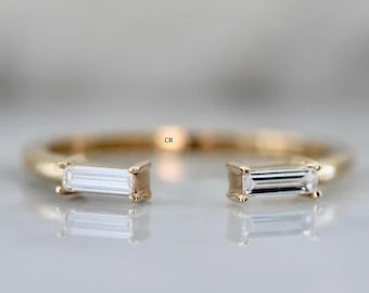 14k Gold Baguette Cut Ring: Open Wedding Band, CZ Diamond