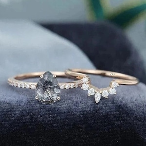 Schwarzer Rutil Ring, Set aus zwei Stück, Salz und Papier Ring, Hochzeitsring & Verlobungsring, Pear Ring für Frauen
