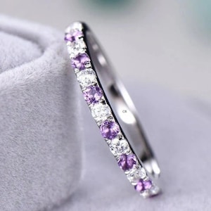 Diamond Amethyst Eternity Ring, 14K White Gold Micro Pave Eternity Band, Alternating Amethyst Diamond Wedding Band, February Birthstone Ring