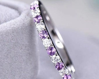 Diamond Amethyst Eternity Ring: 14K White Gold Micro Pave Band