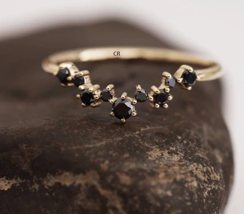 Black Onyx Cluster Ring: Sterling Silver Gold-Plated Stackable Ring