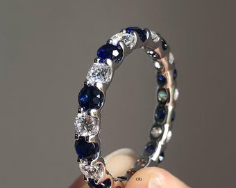 Blue Sapphire Moissanite Eternity Band - 14K White Gold Anniversary Ring