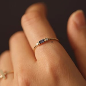Baguette Cut Blue Sapphire Ring with Two Side Natural Diamond, Blue Sapphire Diamond Wedding Ring, Sapphire Ring, Diamond Ring, Wedding Ring