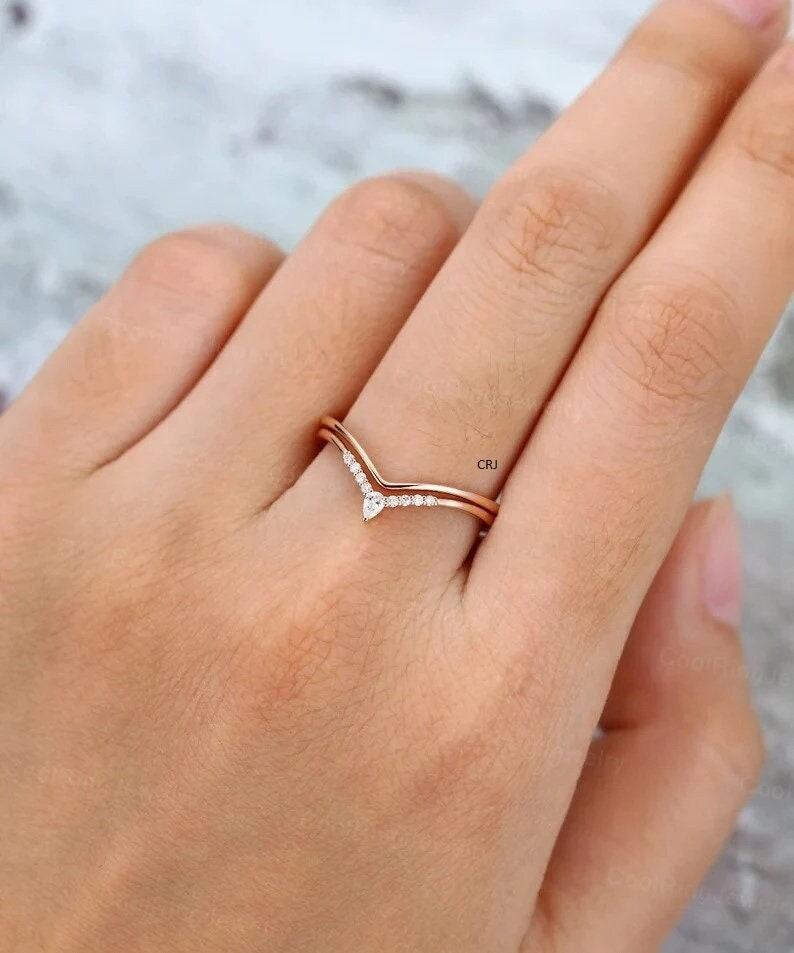 Rose Gold Pear CZ Wedding Band: Vintage Sterling Silver Stacking Ring