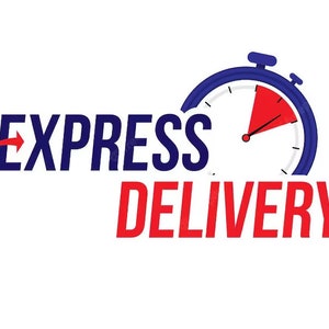 May include: A blue stopwatch with a red hand pointing to the number 12. The text "EXPRESS DELIVERY" is in red and blue.