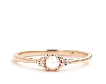 Dainty Pearl Engagement Ring: Rose Gold Sterling Silver, CZ Accents