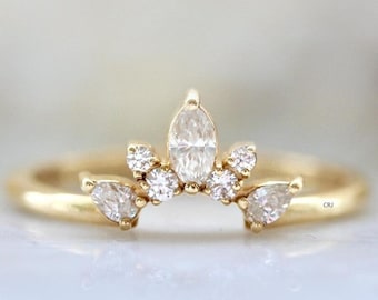 Yellow Gold Curved Wedding Band: Marquise Diamond, Pear Bridal Stacking Ring