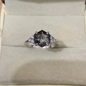 Hexagon cut black rutilated quartz engagement ring vintage art deco moissanite ring rose gold 4 prong anniversary promise ring women gifts