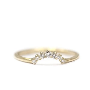 14k Solid Gold Curved Cluster Ring, Dainty Curved Diamond Band, Stackable Ring, 925 Silver Dainty Stacking Ring, Mounted Curved Diamond Ring
