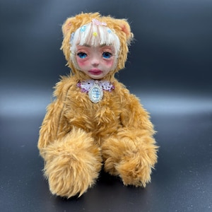 Handmade Pastel Art Doll, OOAK Bear Suit Doll with Blue Eyes, Whimsical Plush Creature Collectible