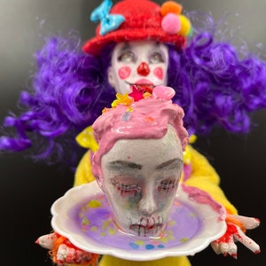 Circus Clown Art Doll Holding Cupcake Severed Head, OOAK Creepy Cute Figurine, Collectible Gothic Doll, Weird Halloween Home Decor