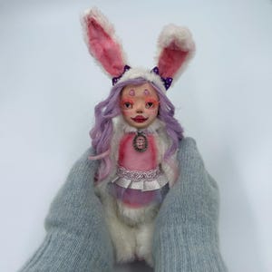 Poseable Cute Easter Rabbit Doll, OOAK Collectible Handmade Clay Pink Bunny Plush Figure, Hand Painted Whimsical Critter, Spring Home Decor