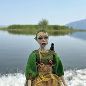 Forest Elf Fairy Art Doll With Crow, OOAK Collectible Handmade Fantasy Doll, Whimsical Hand Painted Figurine, Mythical Magical Sculpture