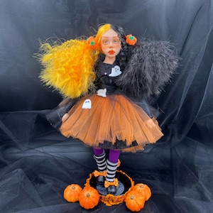 Halloween Art Doll with Pumpkin Decor, Handmade Spooky Figurine, Collectible Gothic Fall Home Decor