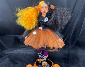 OOAK Pumpkin Halloween Art Doll, Creepy Cute Fall Decor Doll, Spooky Autumn Collectible