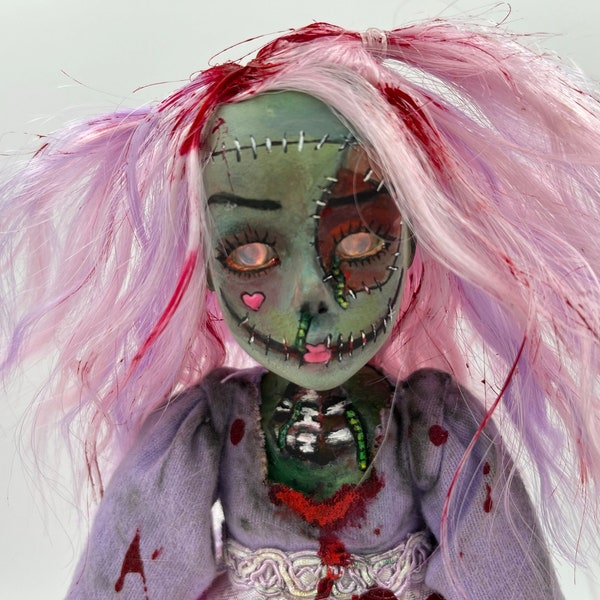 Zombie Art Doll, OOAK Handmade Home Decor for Halloween, Creepy Cute Gift.