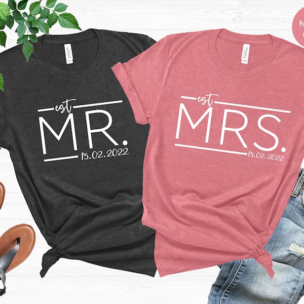 Chemises de mariés, chemises personnalisées de M. et Mme, t-shirt de mariage, chemise de lune de miel, chemises de femme et de moyeux, chemise de couple assortie