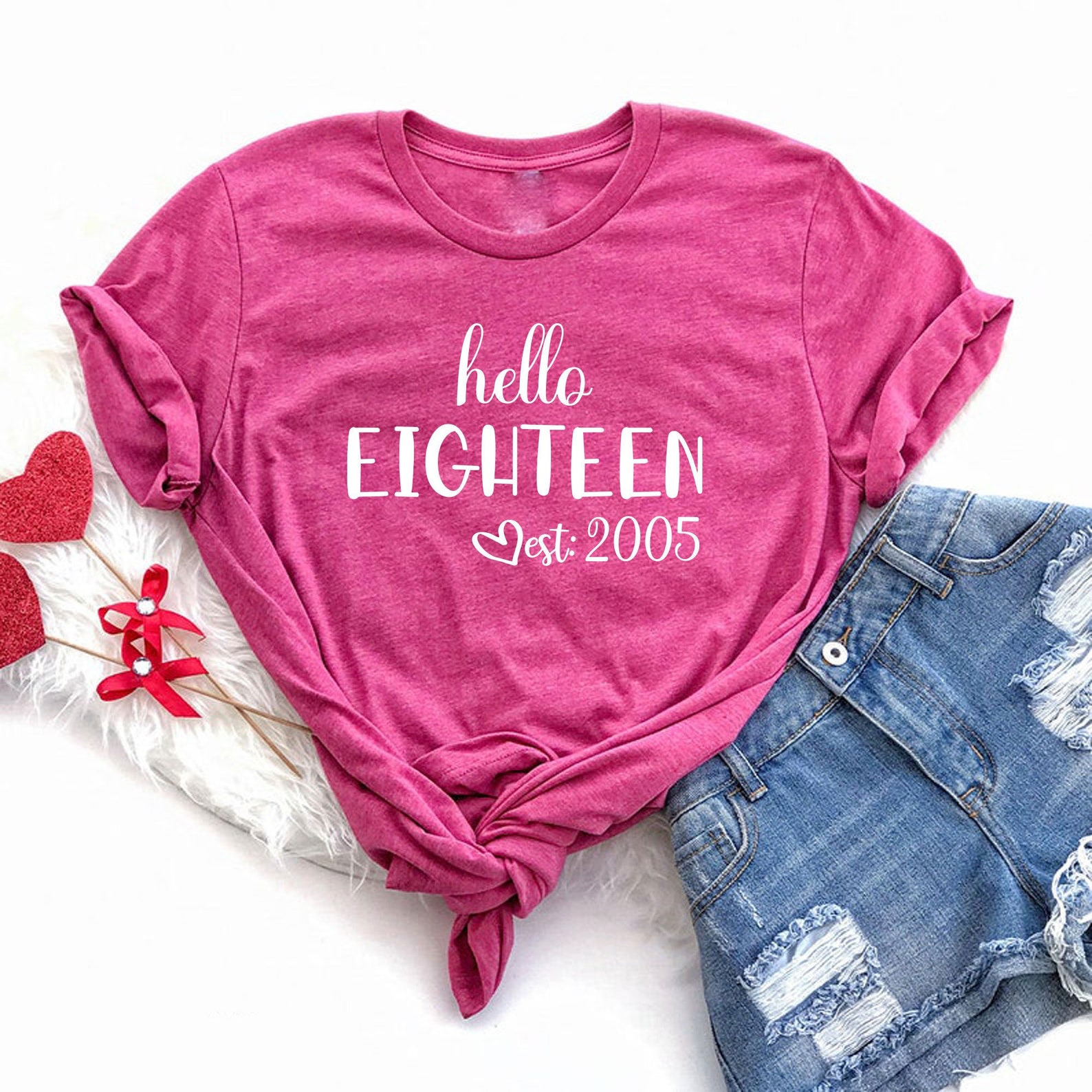 Women's Hello 18 Birthday Shirt - 18th Bday Party Tee, 100% Cotton, Pink, Size Large - View #7