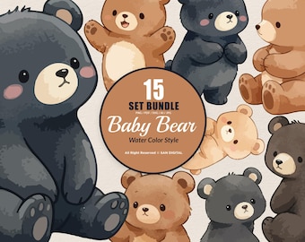 15 Bundle Watercolor Baby Bear Cute Brown Black and White Grizzly Polar Art Clipart Digital File Transparent Eps / Svg / Png illustration