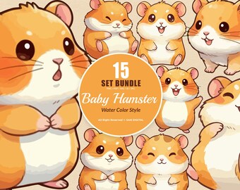 15 Bundle Watercolor Baby Hamster Pet Fluffy Rat Rodent Mouse Cartoon Art Clipart Digital File Transparent Eps / Svg / Png illustration