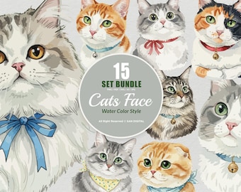 15 Bundle Watercolor Cats Face Kitten Fluffy Pet Funny Sticker Cartoon Art Clipart Digital File Transparent Eps / Svg / Png illustration