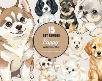 15 Bundle Watercolor Puppy Dog Baby Pet Breeds Fluffy Lover Animal Cartoon Art Clipart Digital File Transparent Eps / Svg / Png illustration