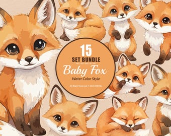 15 Bundle Watercolor Baby Fox Red Wild Forest Artic Animal Sticker Cartoon Art Clipart Digital File Transparent Eps / Svg / Png illustration