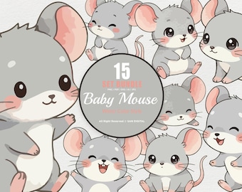15 Bundle Watercolor Baby Mouse Grey Fluffy Rat Rodent Sticker Cartoon Art Clipart Digital File Transparent Eps / Svg / Png illustration