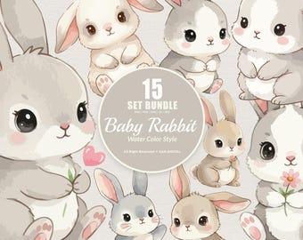 15 Bundle Watercolor Baby Rabbit Girly Cute Fluffy Animal Sticker Cartoon Art Clipart Digital File Transparent Eps / Svg / Png illustration