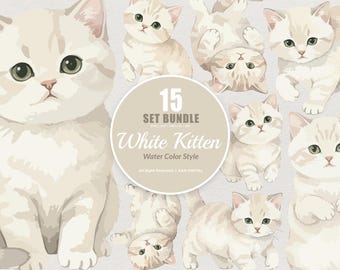 15 Bundle Watercolor White Kitten Small Cat Pet Kitten Breeds Lover Lazy Art Clipart Digital File Transparent Eps / Svg / Png illustration