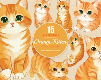 15 Bundle Watercolor Orange Kitten Small Pet Cats Baby Breed Lover Cartoon Art Clipart Digital File Transparent Eps / Svg / Png illustration