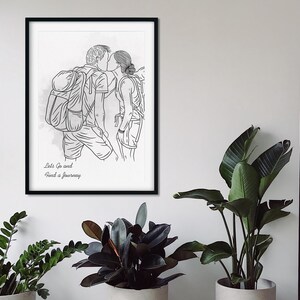 Arte de línea de aventura personalizado, arte de línea de pareja de amor, dibujo de línea, ilustración personalizada, retrato personalizado, ilustración digital, dibujo sin rostro